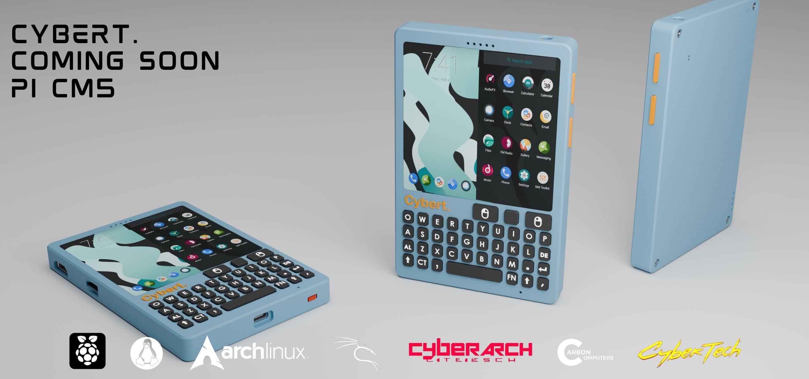 Blue handheld device with keyboard and screen, labeled 'Cybert' coming soon, on a gray background.