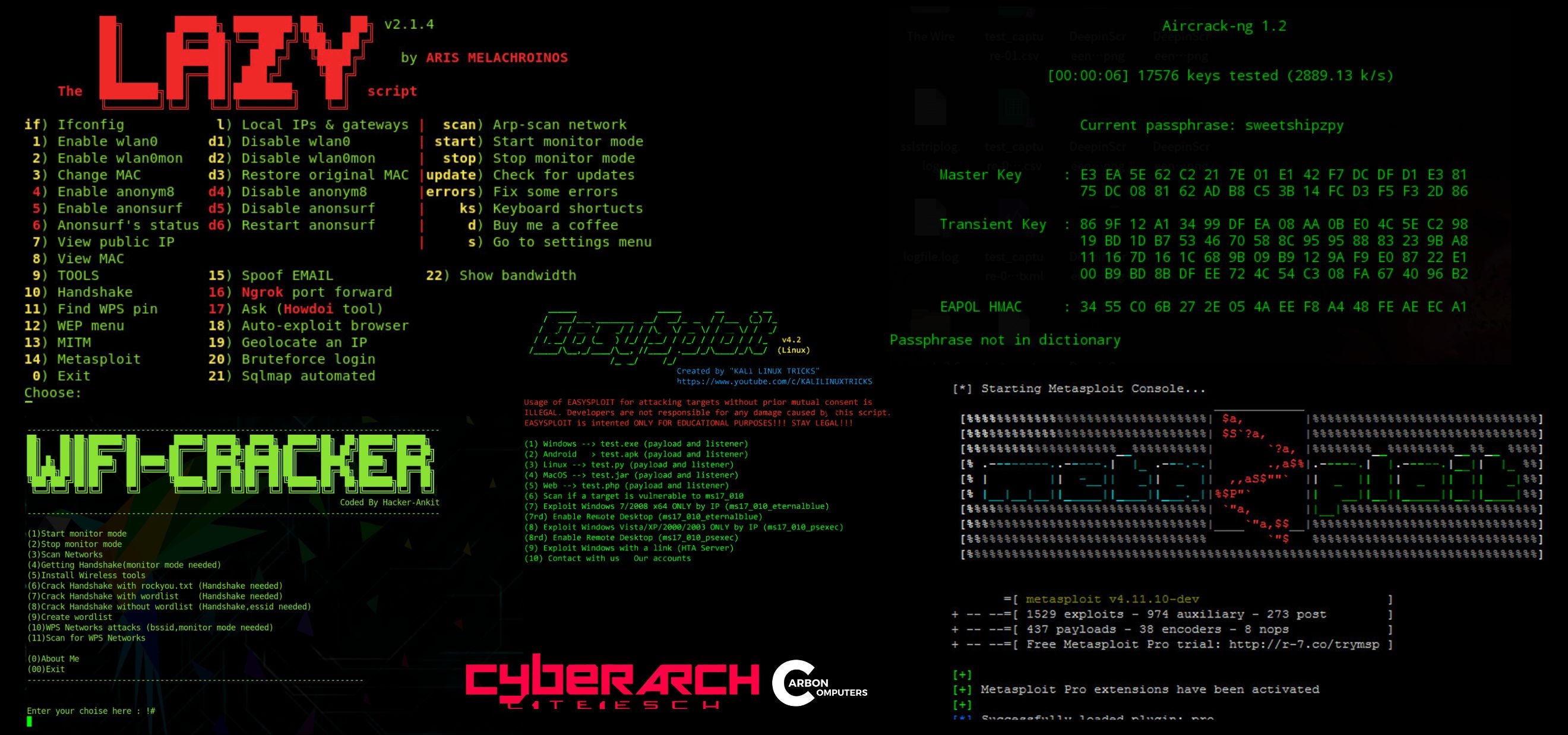 Computer screen with text and code, featuring the word 'LAZY' and 'WiFi-Cracker', with CyberArch logo.