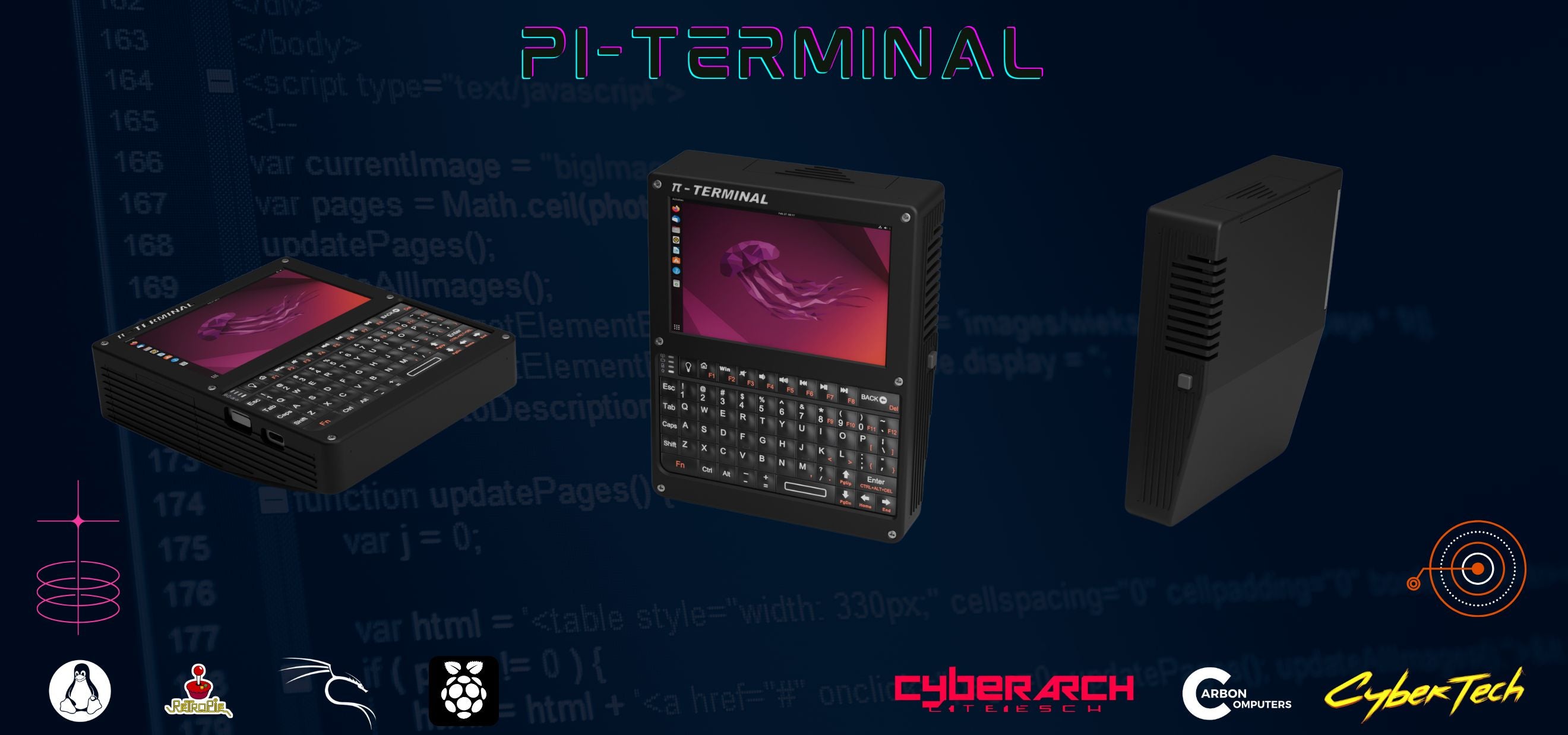 PI-Terminal device with keyboard and screen on a dark background, featuring CyberTech branding.
